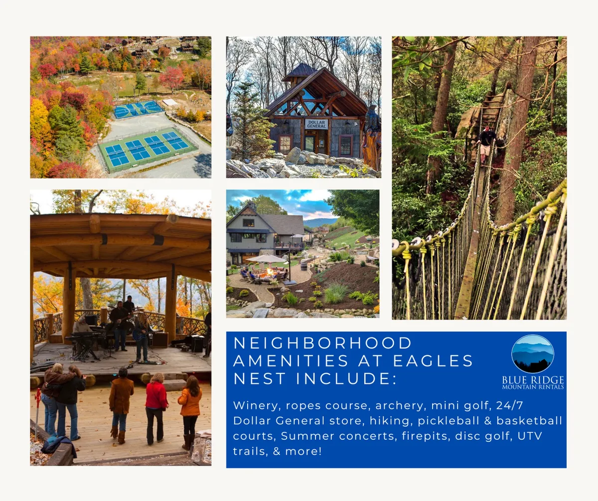 A vibrant exterior shot featuring the ropes course and mini golf course at Eagles Nest, with residential cabins and hiking trails visible in the background. The scene captures a bustling, amenity-rich environment where families are actively enjoying outdoor activities, all set against a backdrop of greenery and open skies.
